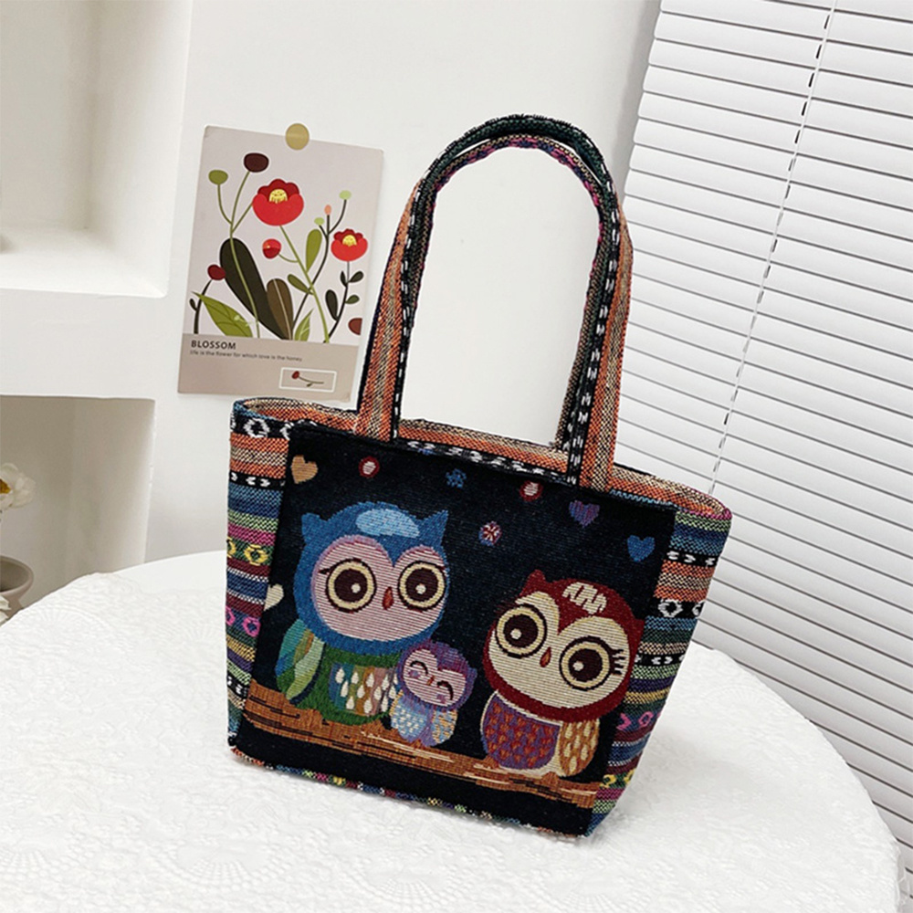 Embroidered Canvas Tote Bag with Geometric Pattern Strap