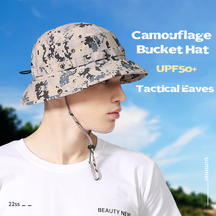 Mens Camouflage Bucket Hat Sunscreen Wide Brim Hat Jungle