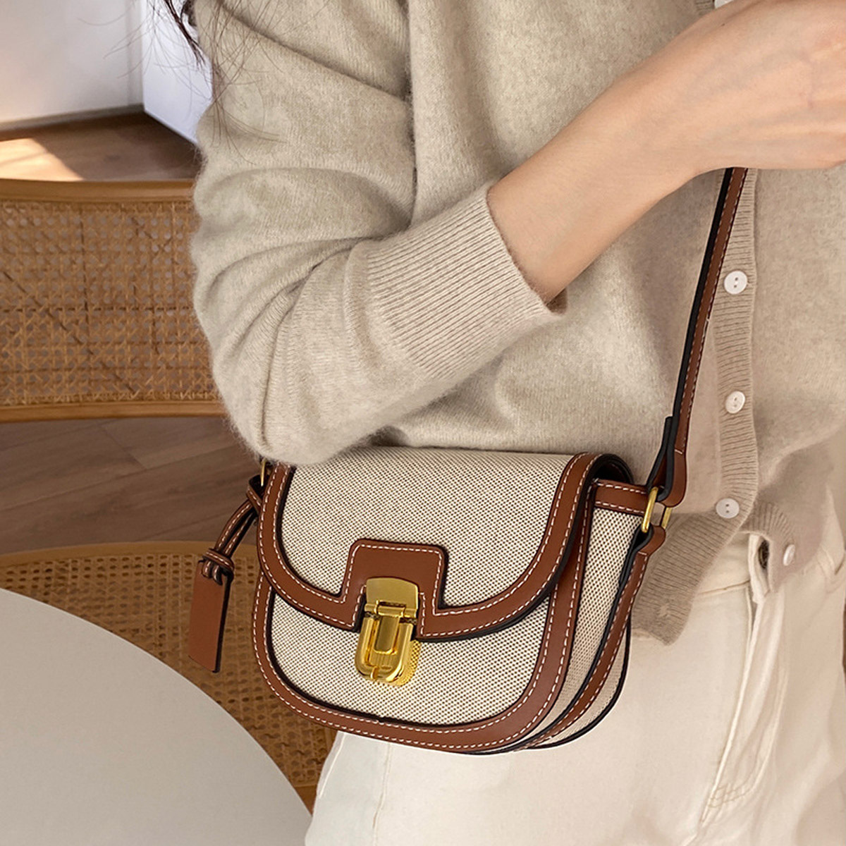 Women's Vintage Stitching Leather Mini Saddle Bag Crossbody Shoulder Strap Small Purse - Tan