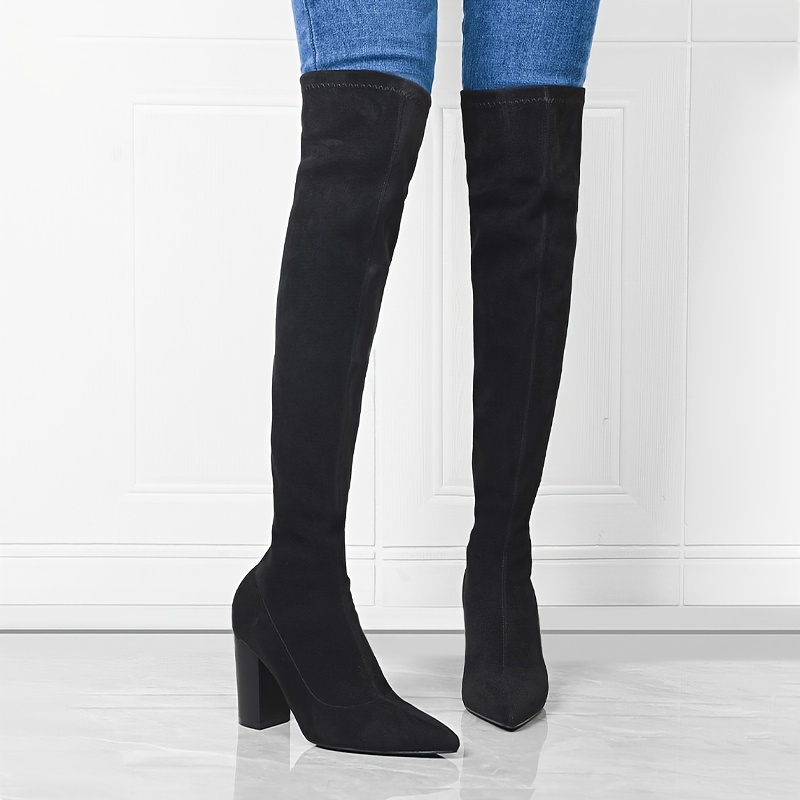 Solid Synthetic Pointed Toe Knee Boots, Women's Block Heel Chunky Slipon Stretch Fashionable