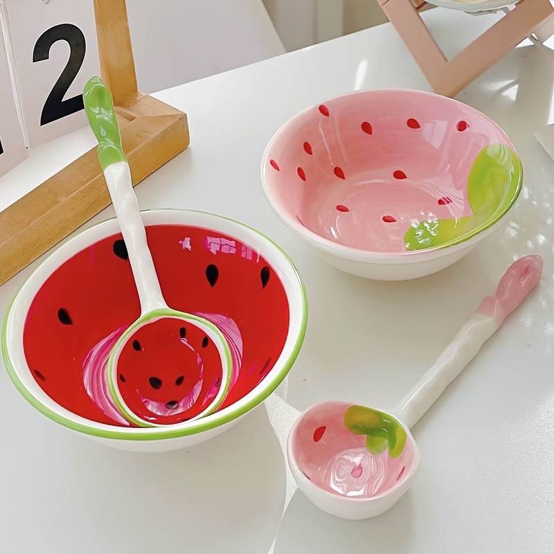 Cute Microwavable Ceramic Noodle 2 Bowls Set with Handle and Smiling Bowl Lid Redheart