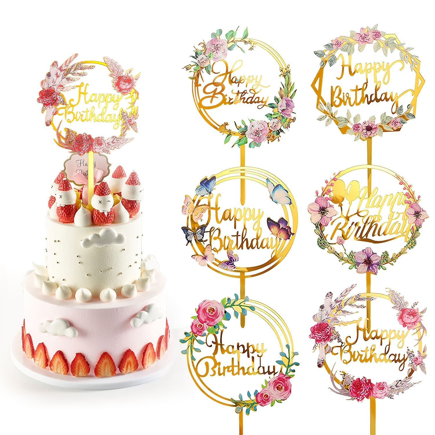 

6pcs, Happy Birthday Cake Topper, Multi-patterned Acrylic Cupcake Topper For Birthday Cake Decoration Party