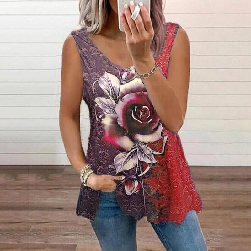 Plus Size Rose Print V Neck Pullover Tank Top Women's Plus - Temu