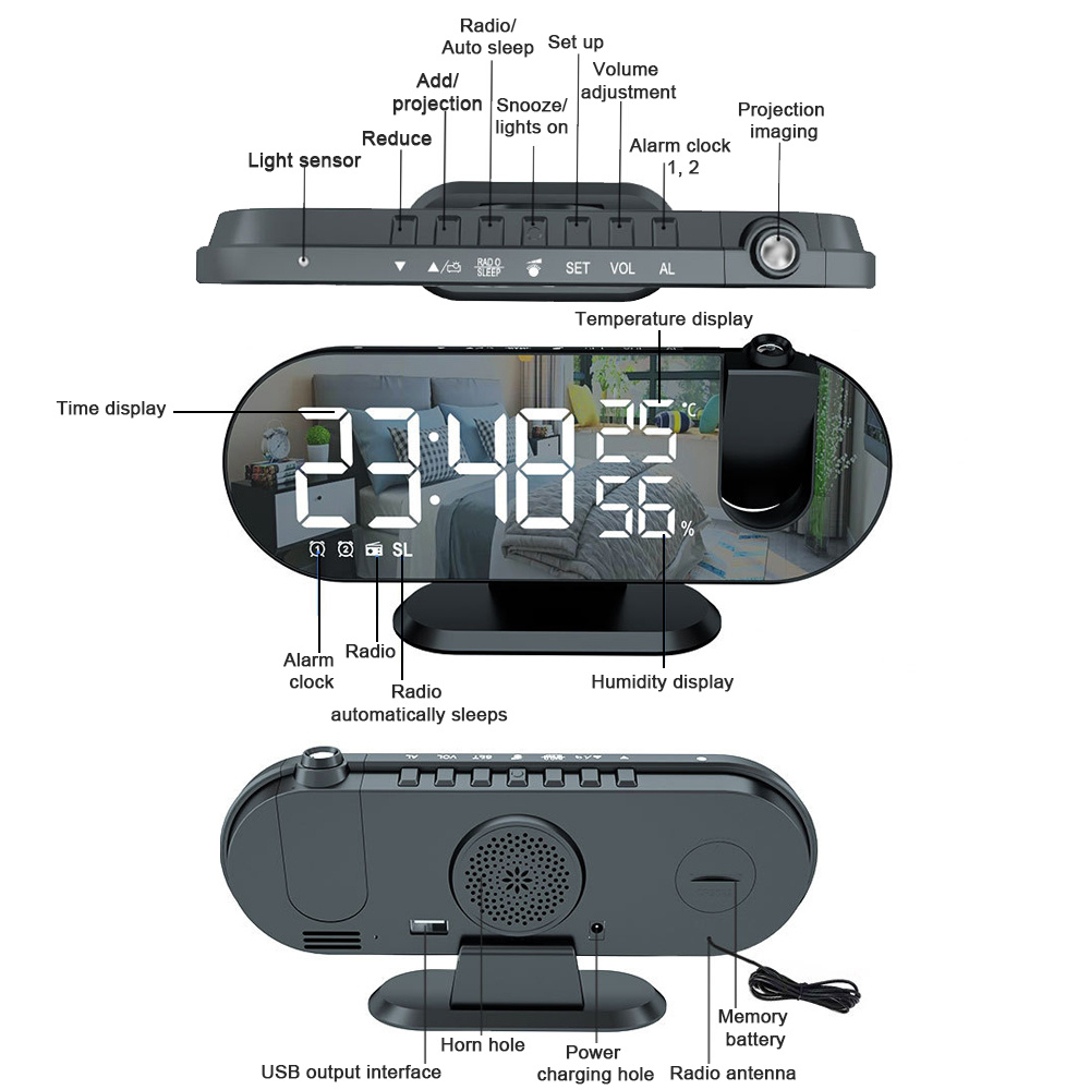 1pc Led Projection Digital Alarm Clocks For Bedroom Digital Projection