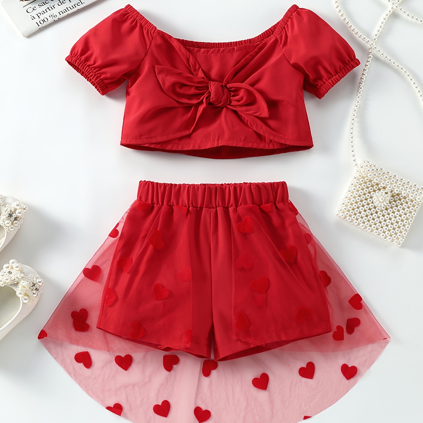 Girls Casual Twist Bow Cropped Top Stitching Mesh Shorts With Heart ...