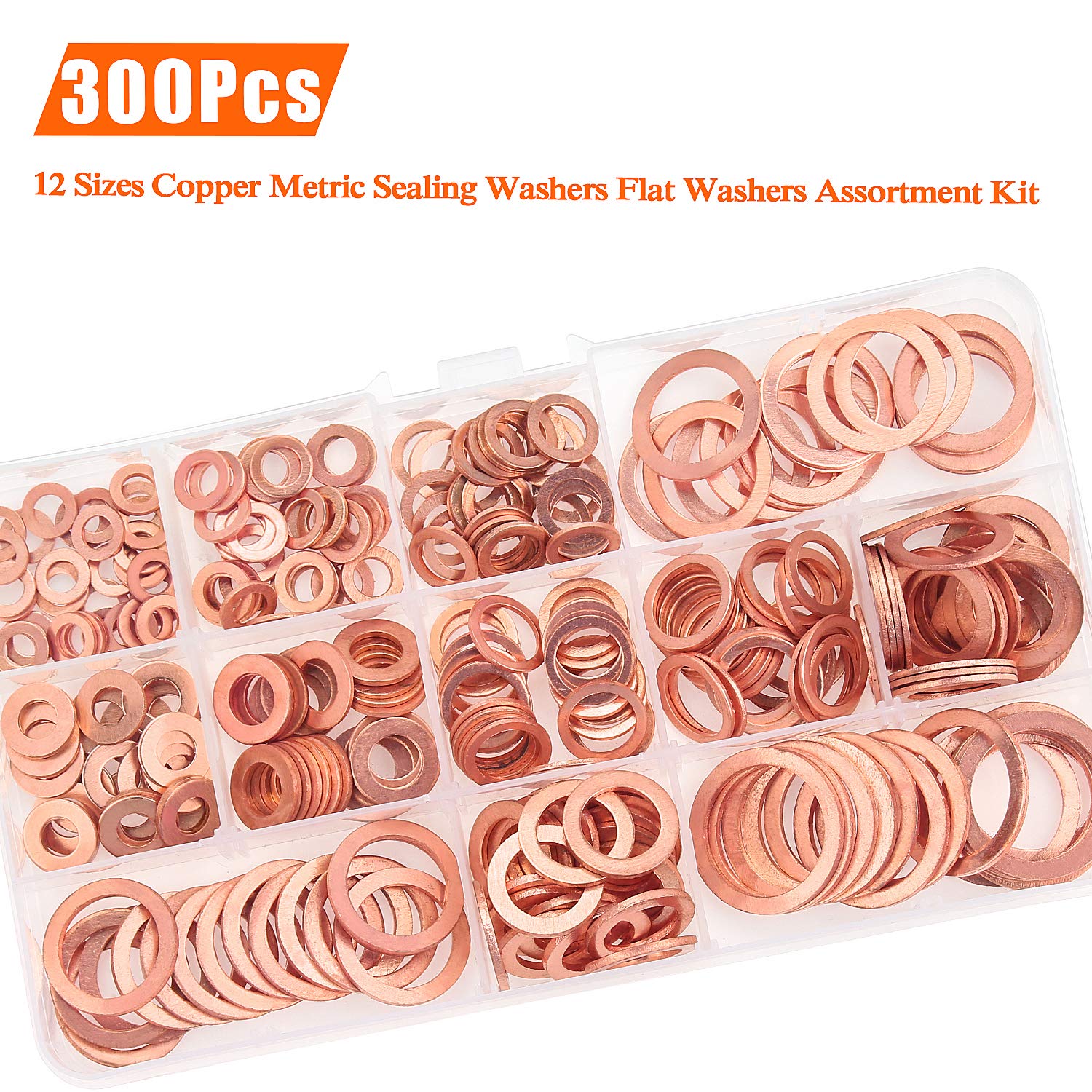300pcs 12 Sizes Copper Metric Sealing Washers Kit Copper Sealing Solid