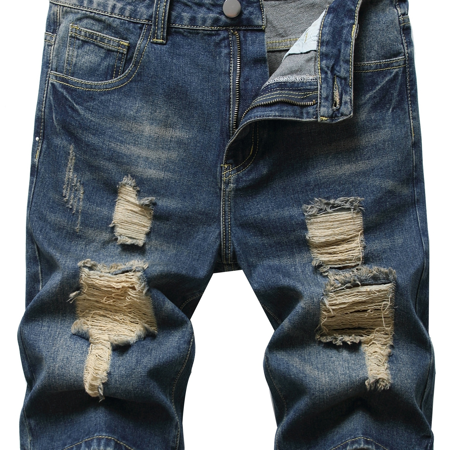 Men's Fashion Ripped Short Jeans Destroyed Summer Knee Length Denim ...