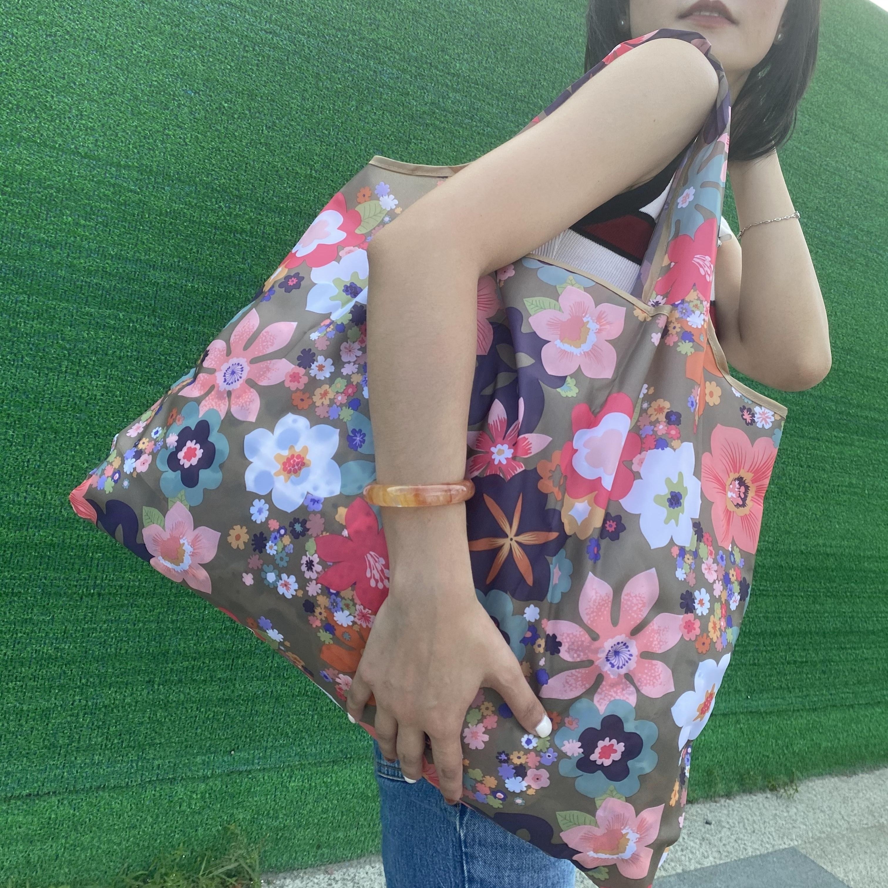 Large-capacity Flower Print Shopper Bag, Lightweight Foldable Shoulder Bag, Portable Bag