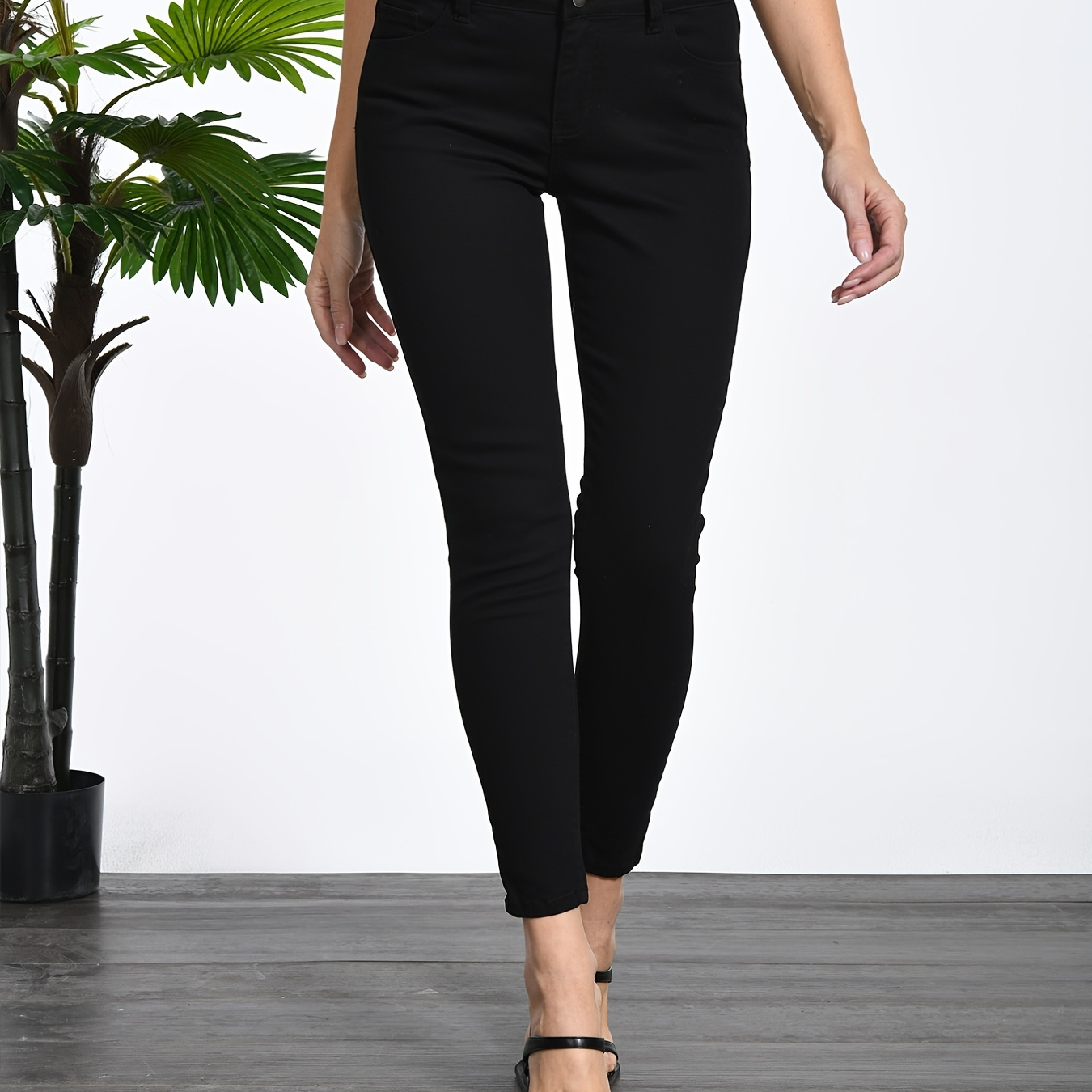 

Black Slim Fit Skinny Jeans, Slash Pockets High-stretch Ankle Length Denim Pants, Women's Denim Jeans & Clothing