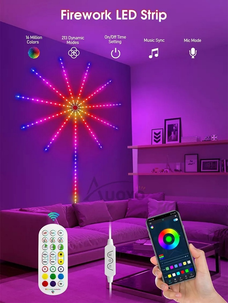 Smart Firework LED Lights, RGB Dream Color LED Strip Lights, For Bedroom  LED Strip Lights, With Remote App Control, Color Changing Music Sound Sync  Li