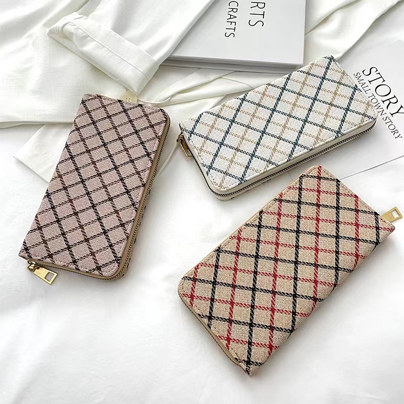 Linen Plaid Pattern Long Wallet, Zipper Around Clutch Purse, Fashion Phone  Bag Card Holder For Women - Temu