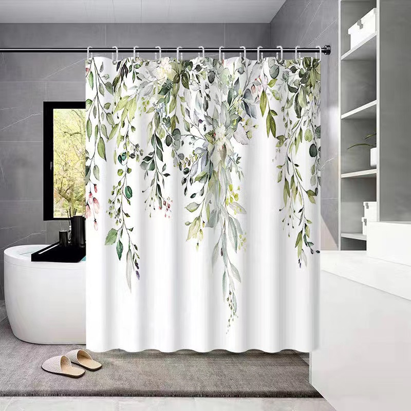 1pc Green Sage Leaves Shower Curtain Watercolor Eucalyptus With Floral ...