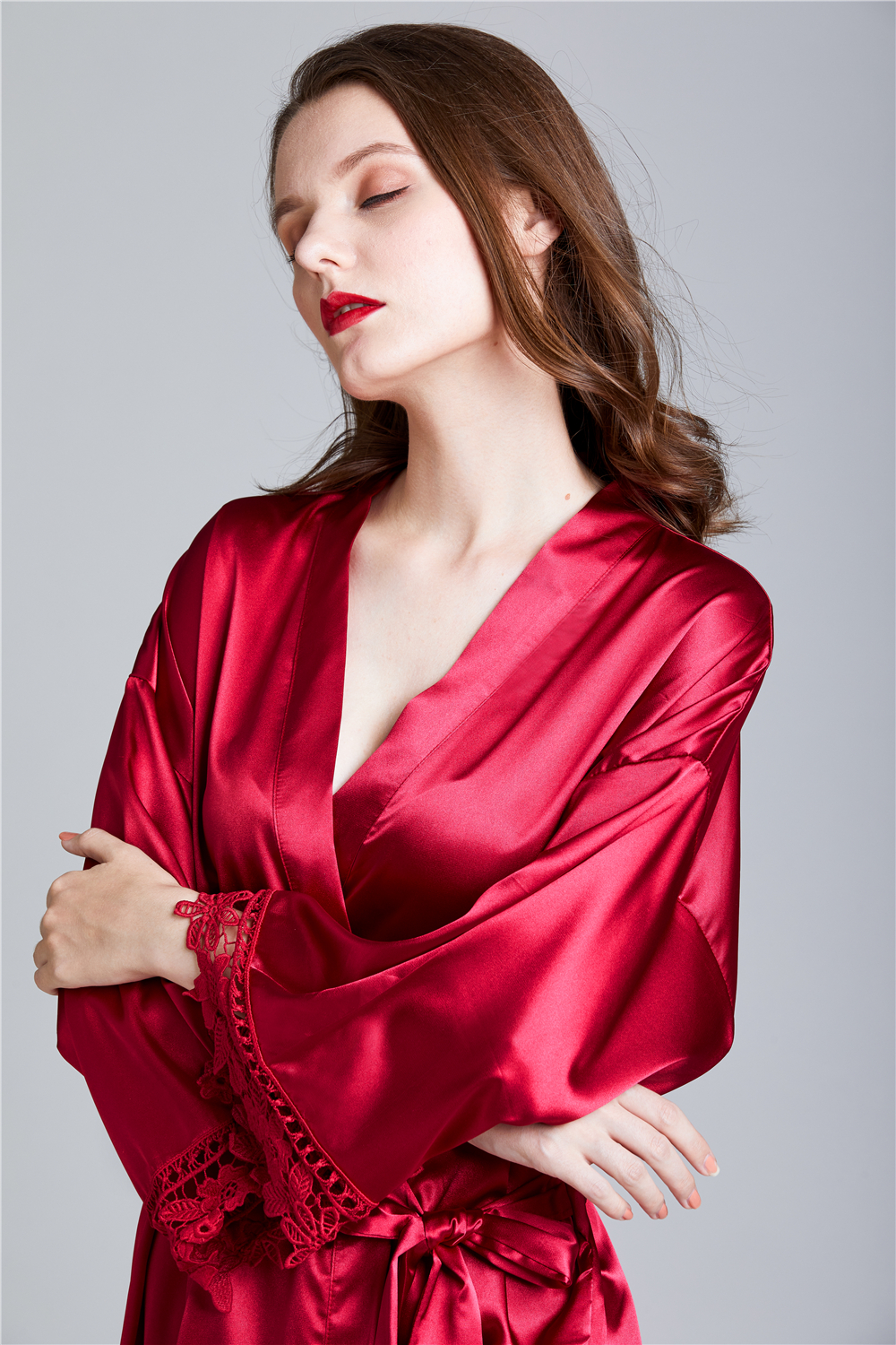 Lace Trim Satin Night Robe Elegant V Neck Long Sleeve House Temu