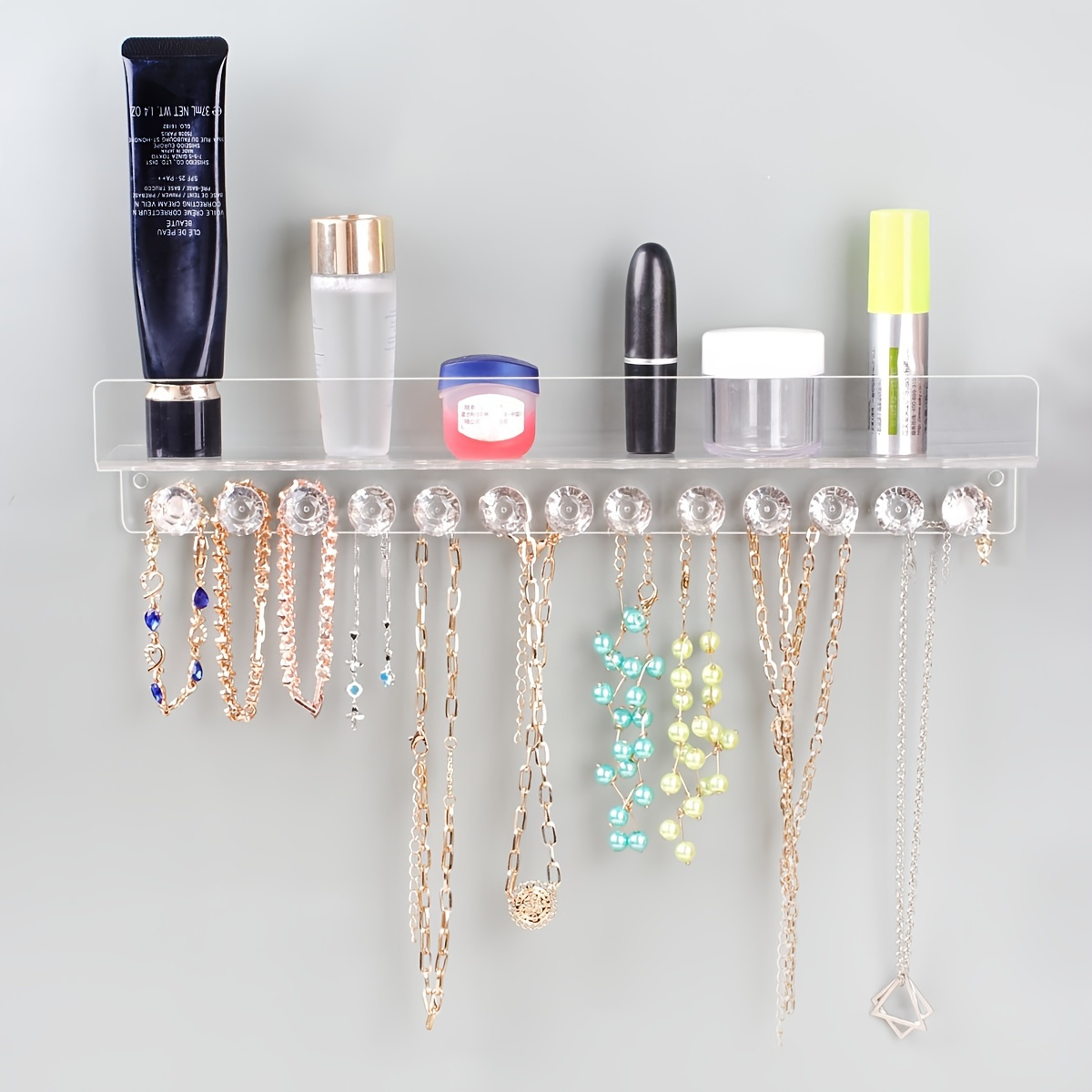 

13 Hooks Wall-mounted Household Acrylic Jewelry Organizer With Display Shelf