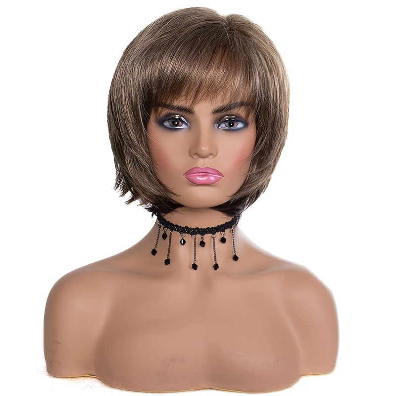 Short Pixie Cut Brown Mixed Blonde Bob Wigs Synthetic Fiber Straight Wig With Bangs For Daily 9216