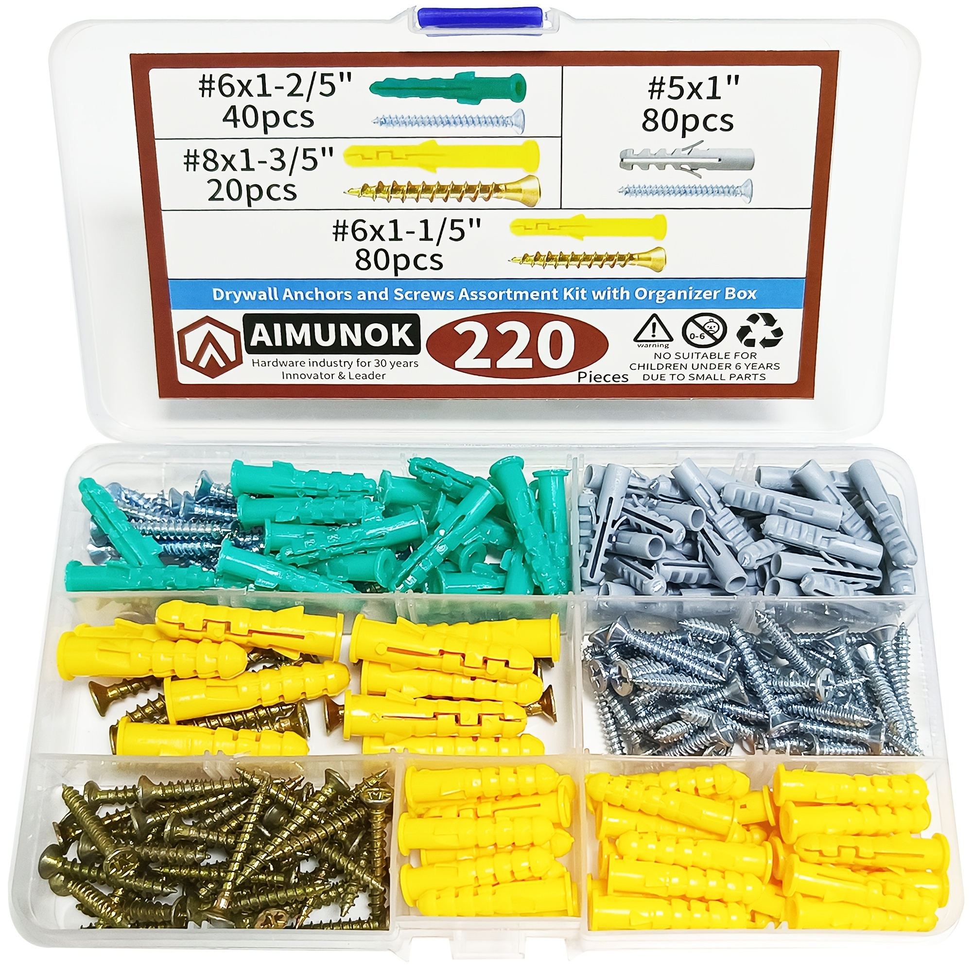 

220pcs Aimunok Drywall Anchors And Screws Assortment Kit, 110 Plastic Wall Anchors And 110 Flat Head Screws, 4 Sizes Galvanized Screws And Wall Plug Bolts With Organizer Box