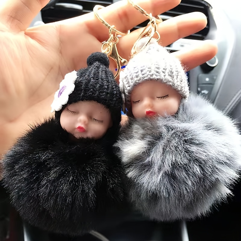 Cute Sleeping Baby Design Fluffy Faux Fur Pom Pom Keychain & Keyring for  Car Key/Ladies Bag/Purse / Suit case
