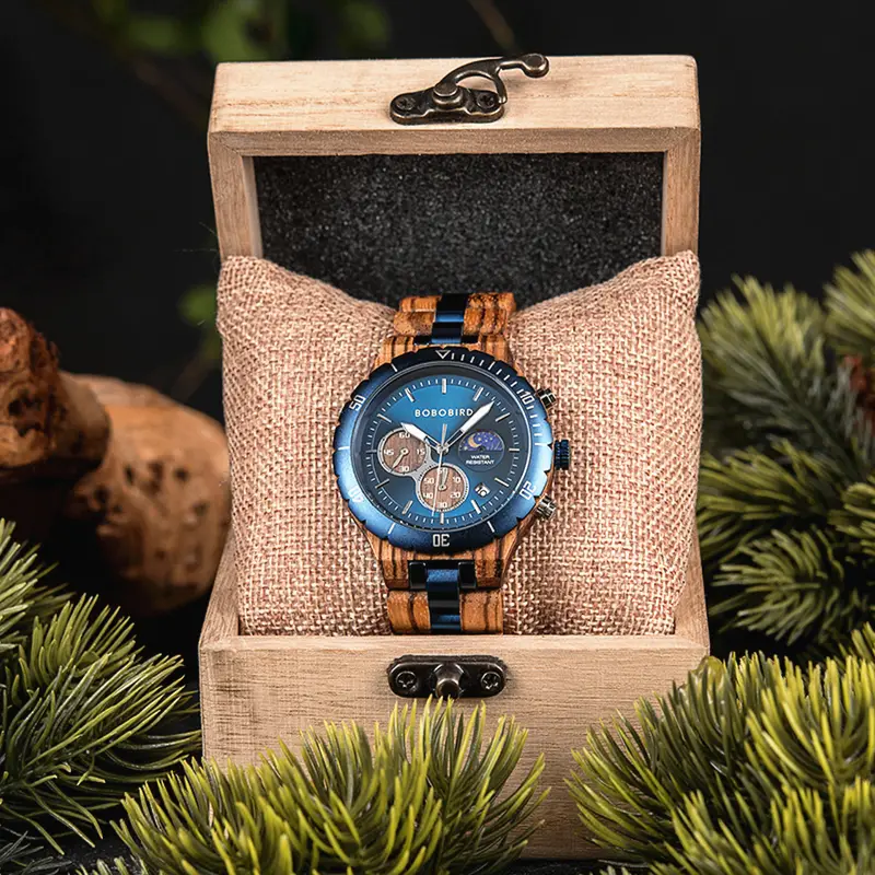 bobo bird luxury mens watch zebra wood stainless steel combined business chronograph date display watch for men give gifts to men on valentines day details 8