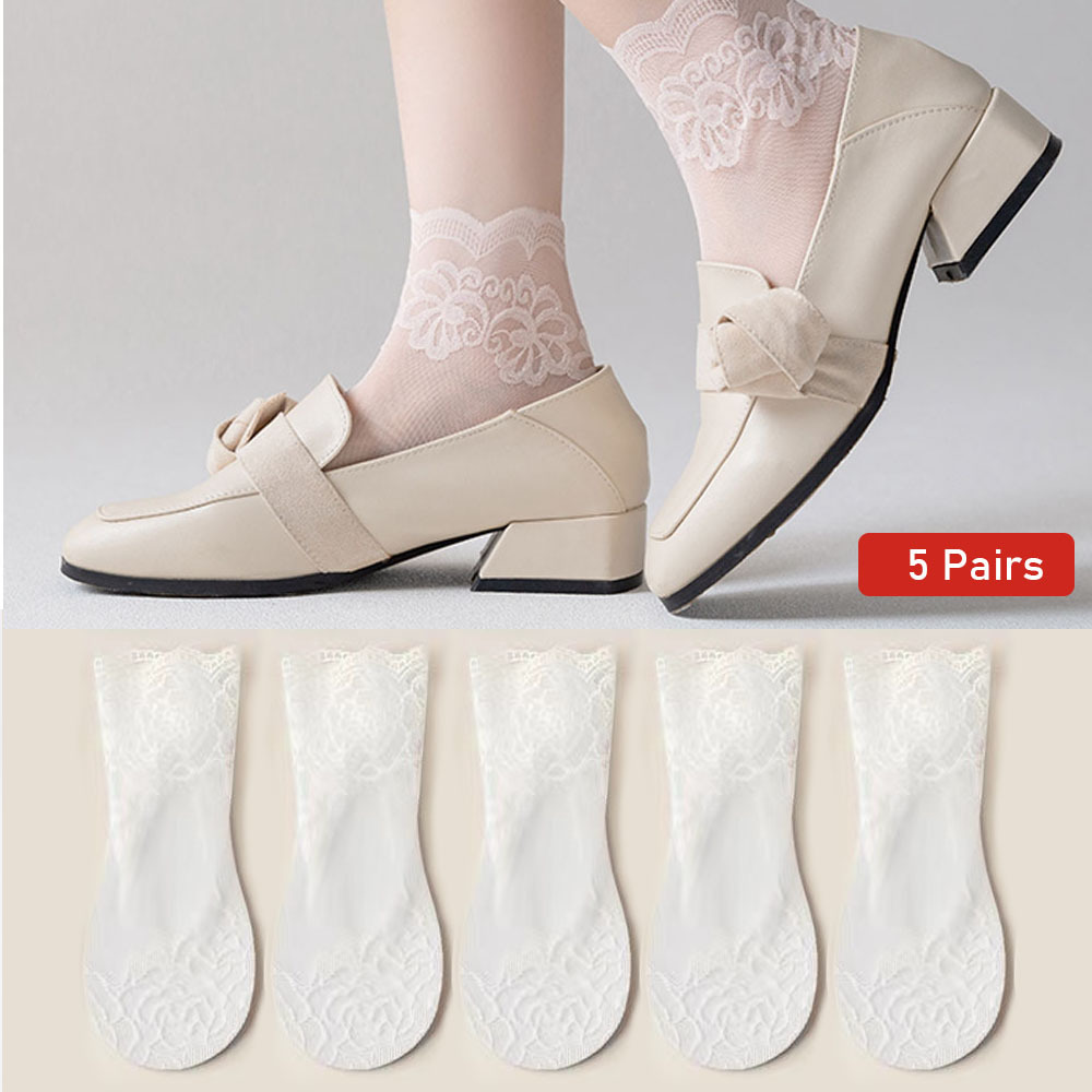 5 Pares Calcetines Cortos Moda Encaje Mujer Algodón - Temu Chile