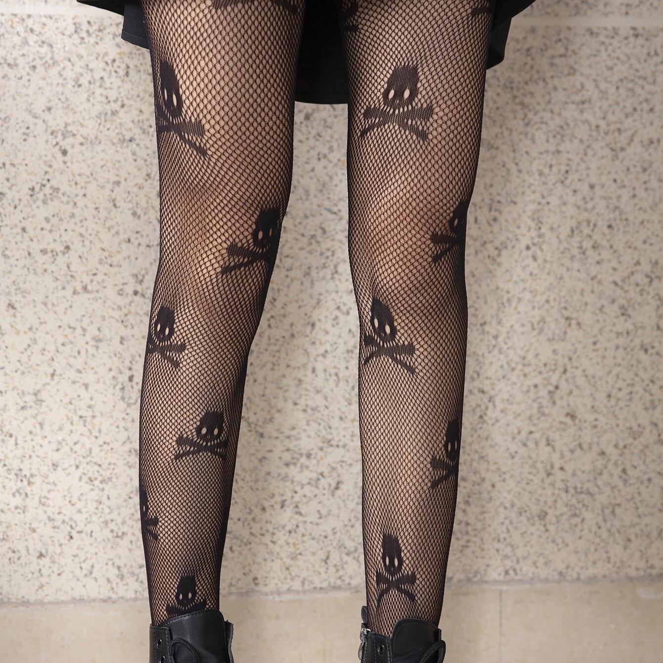 Fishnet Skull Print Stockings Women's Lace Mesh Patterned Fishnet Leggings  Tights Net Pantyhose