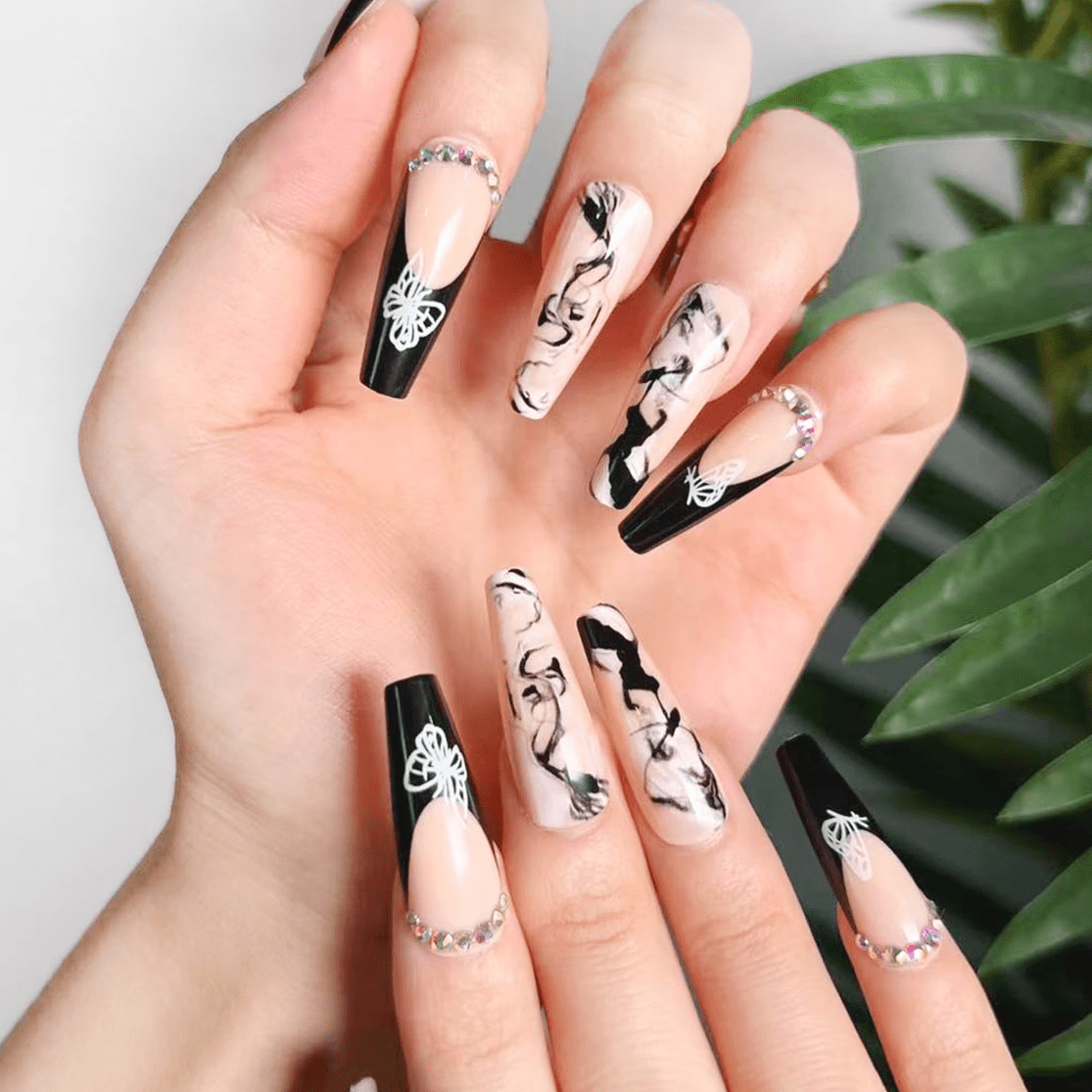 Glossy Coffin Press On Nails Long, Acrylic Nails For Women And