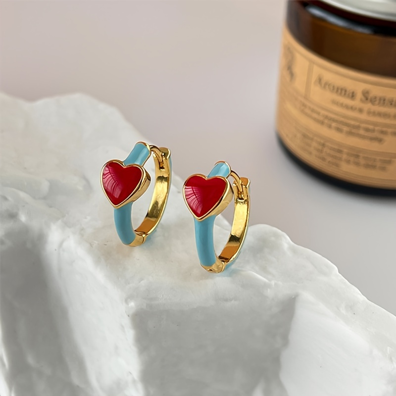 

Vintage Red Glaze Drop Love Earrings Personality Huggie Earrings 18k Gold Plated Ornament For Women