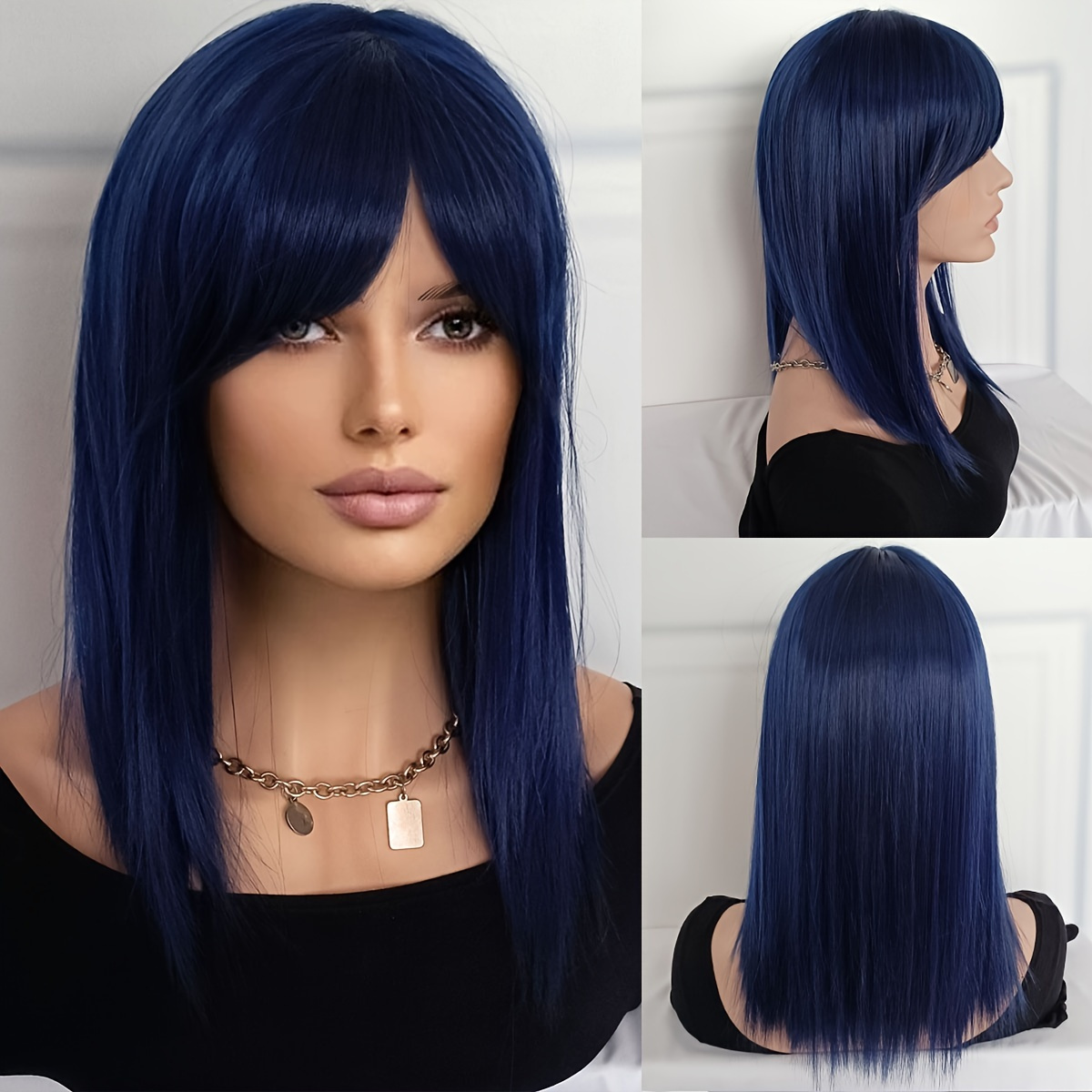 

Heat Resistant Blue Black Synthetic Wig With Short Straight Hair And Bangs - Natural Looking Bob Wig For Daily Parties And