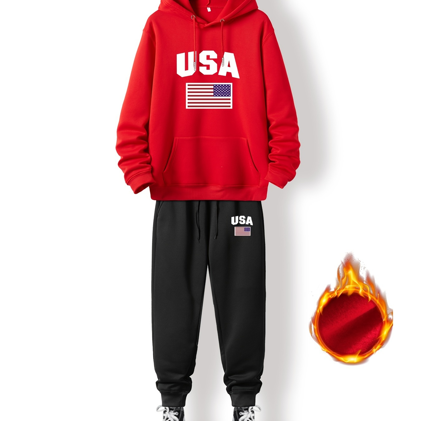 

Men's Plus Size 'usa' Print Plain Color Drawstring Hoodie Warm Fleece Pocket Hooded Sweatshirt & Loose Drawstring Long Sweatpants For Autumn Winter, Oversized Clothing Set For Big And Tall Guys