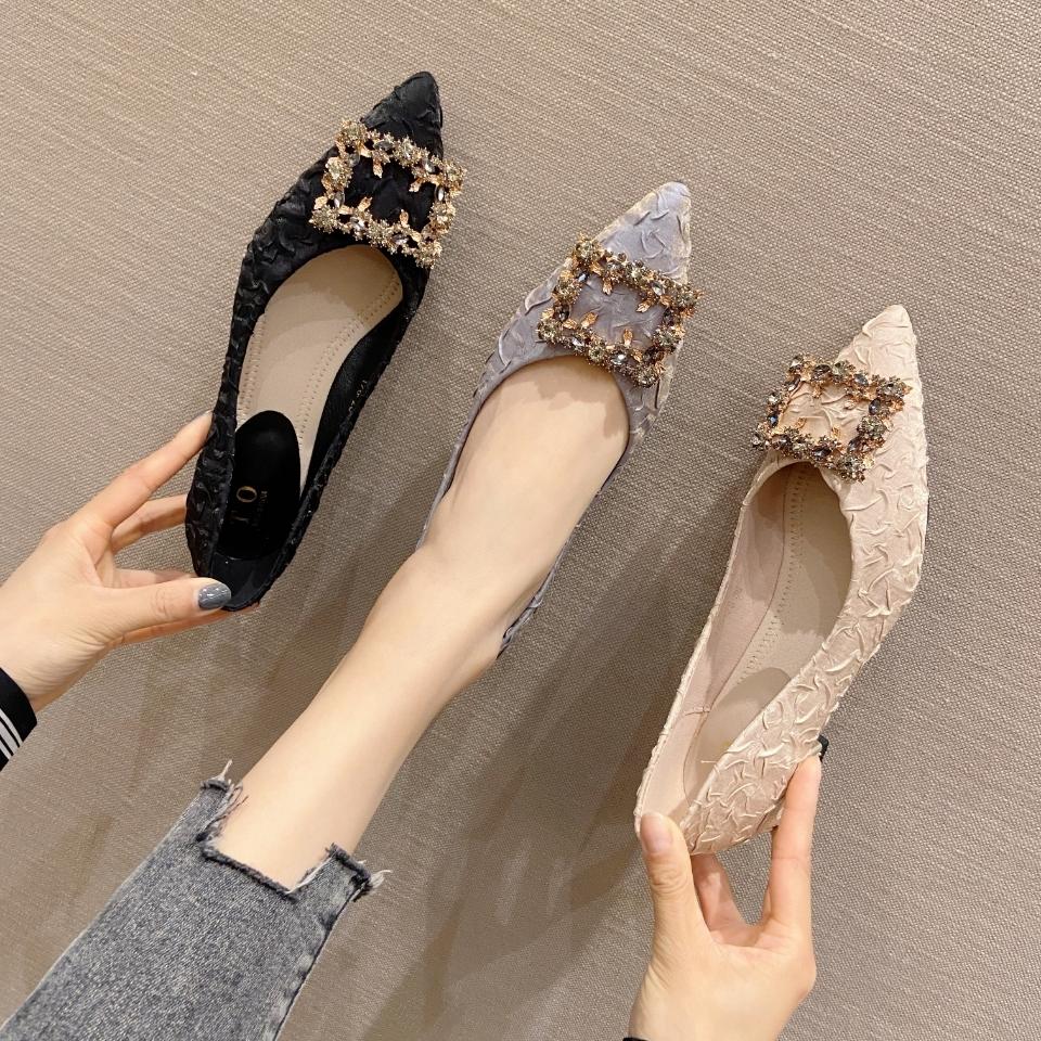 Women's Pointed Toe Low Chunky Heels, Solid Color Square Rhinestone Decor Shoes, Casual Slip On Shoes