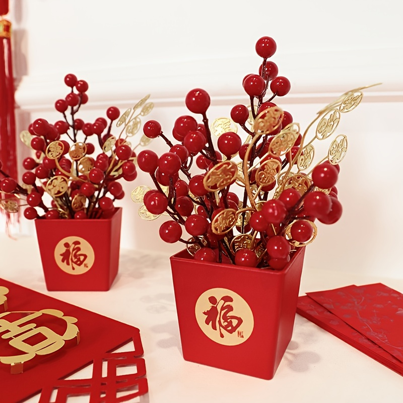 

1pc 20in Red Artificial Spring Festival Bouquet - Fu Character Plastic Potted Berry For Diy Home Decor And Christmas Gifts