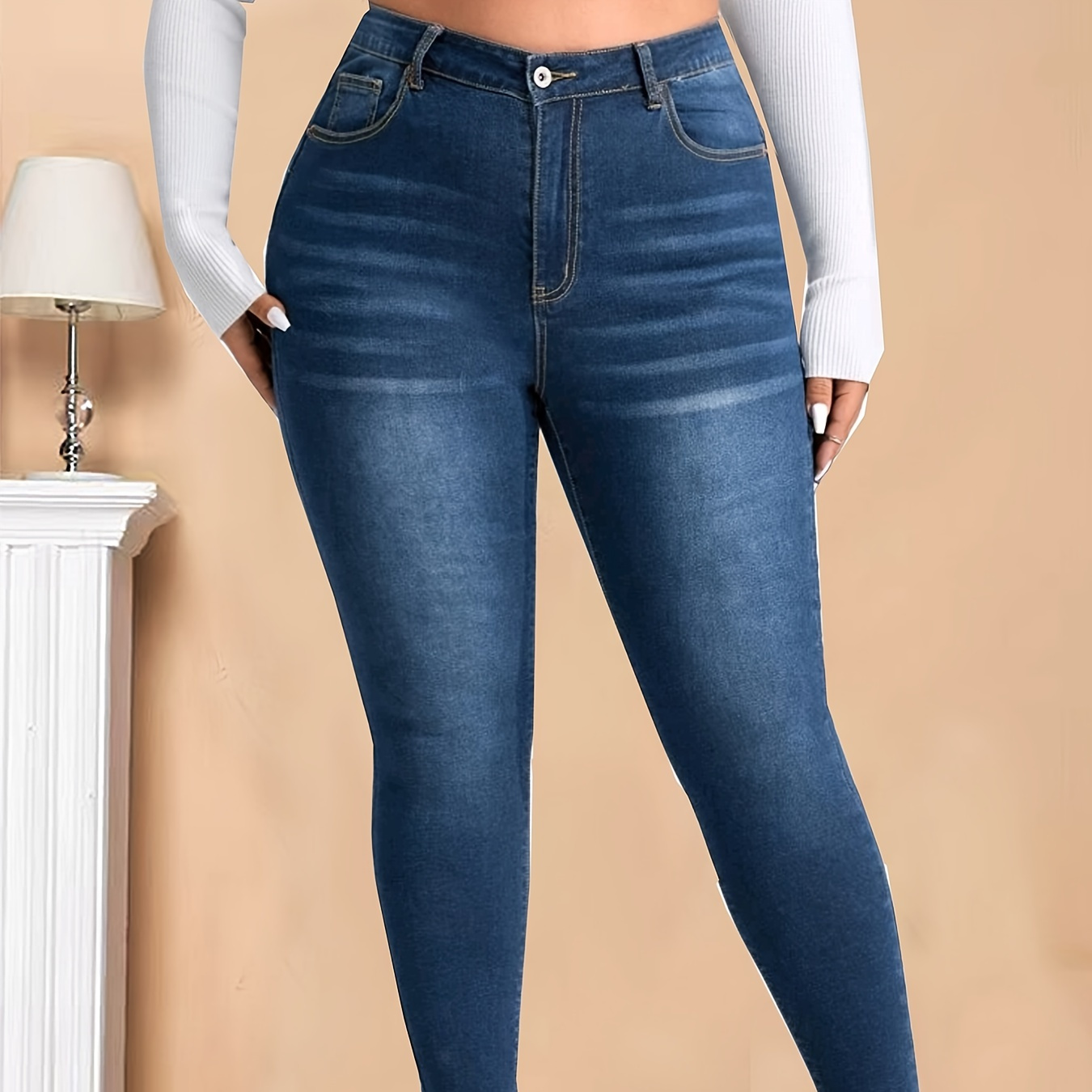 Plus Size Washed Button Fly Fringe Trim Skinny Jeans, Women's Plus High Stretch Elegant Skinny Jeans