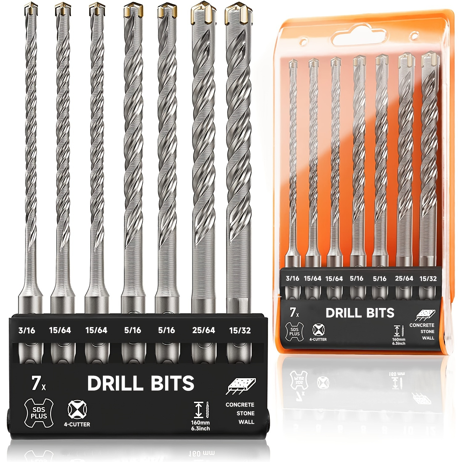 3/16 - 5/8 Masonry Drill Bit Set, 9Pcs 3/8 Inch SDS Plus Bit Rotary Hammer