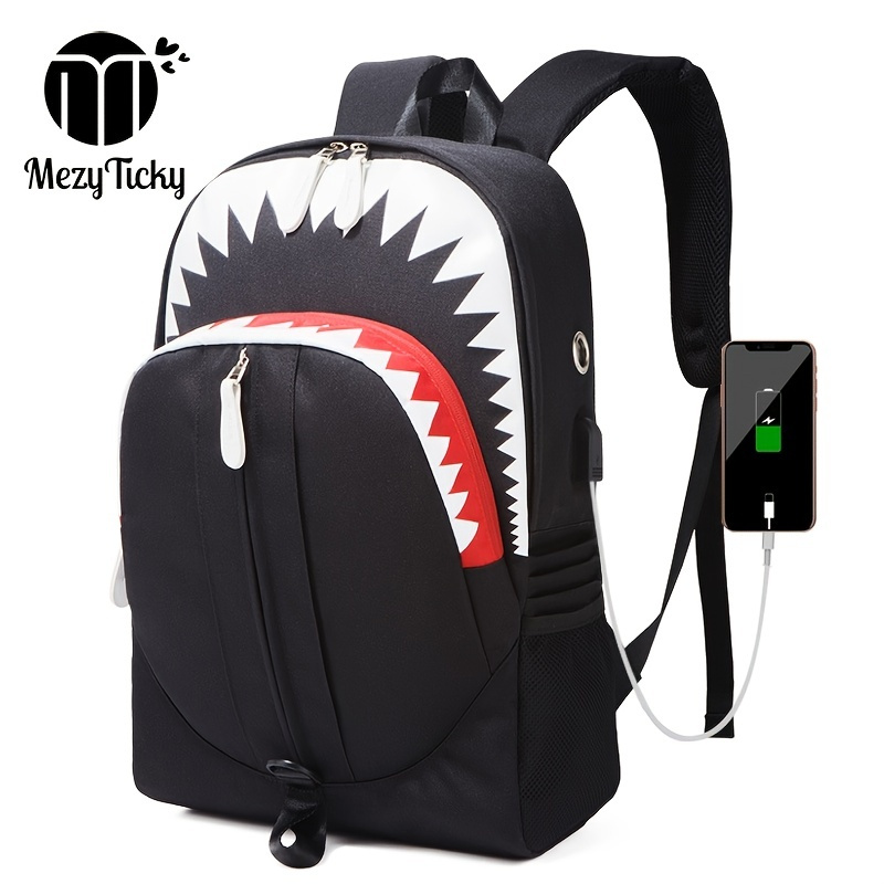 Shark Men's Backpack USB Charging Boy's Student Computer Schoolbag