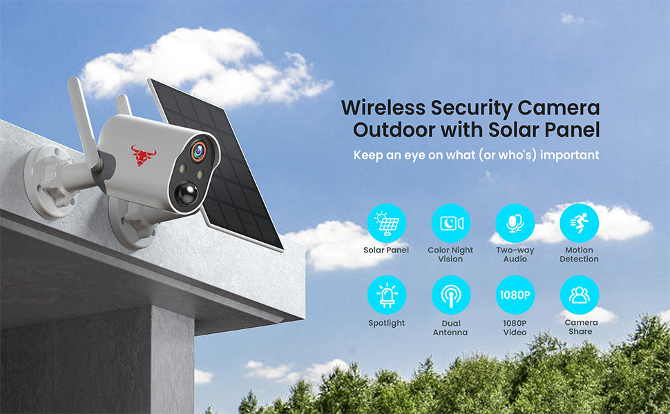 Solar Wireless Outdoor Security Camera, WiFi Solar Rechargeable Battery  Power IP Surveillance Home Cameras, 1080P, Human Motion Detection, Night