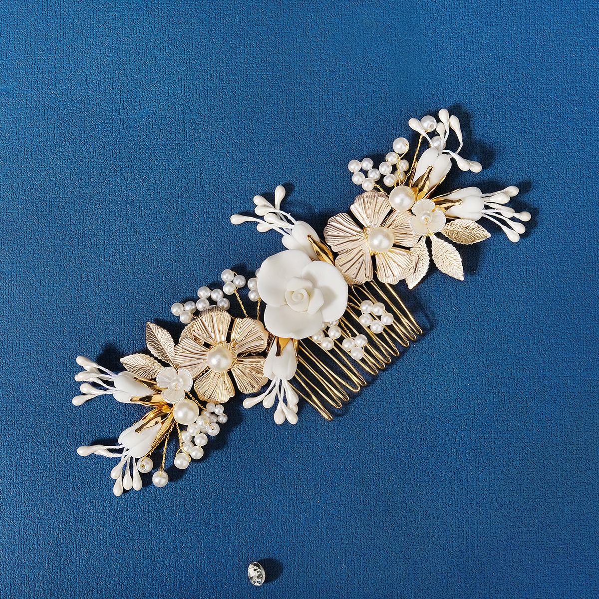 LBBA Crystal Pearl Wedding Hair Comb with Feather Plume & Silk Petals Ostrich Plume Comb / Ivory