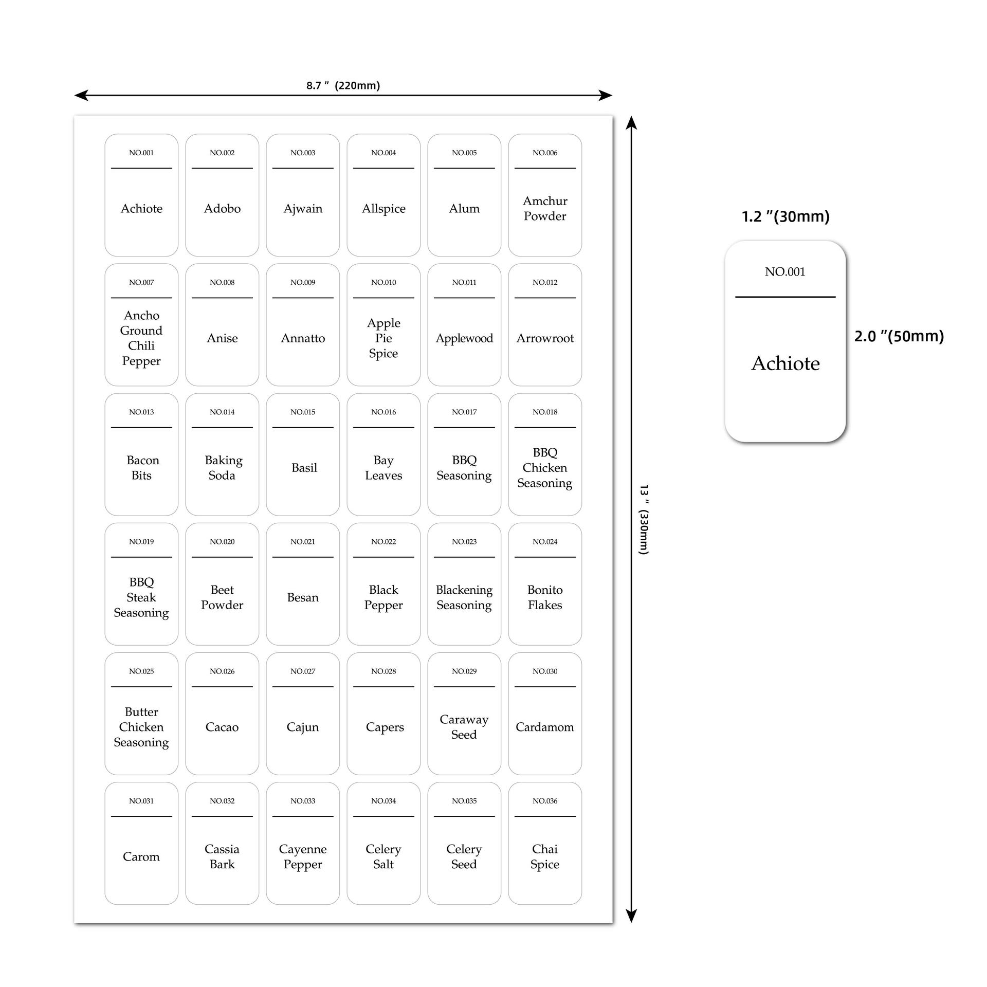 186 Preprinted & 30 Blank Spice Jar Labels - Waterproof, Oil-proof