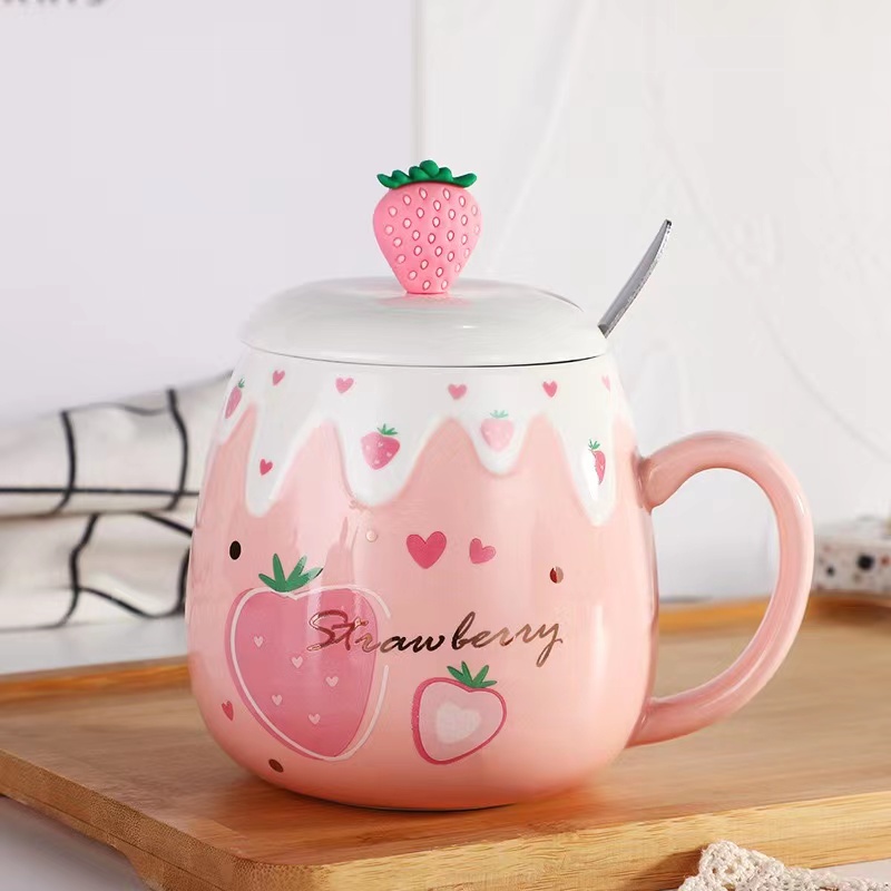 1 taza de cerámica de fresa en relieve bonita con cuchara con tapa, taza de  agua, taza de café, taza de té, taza de regalo