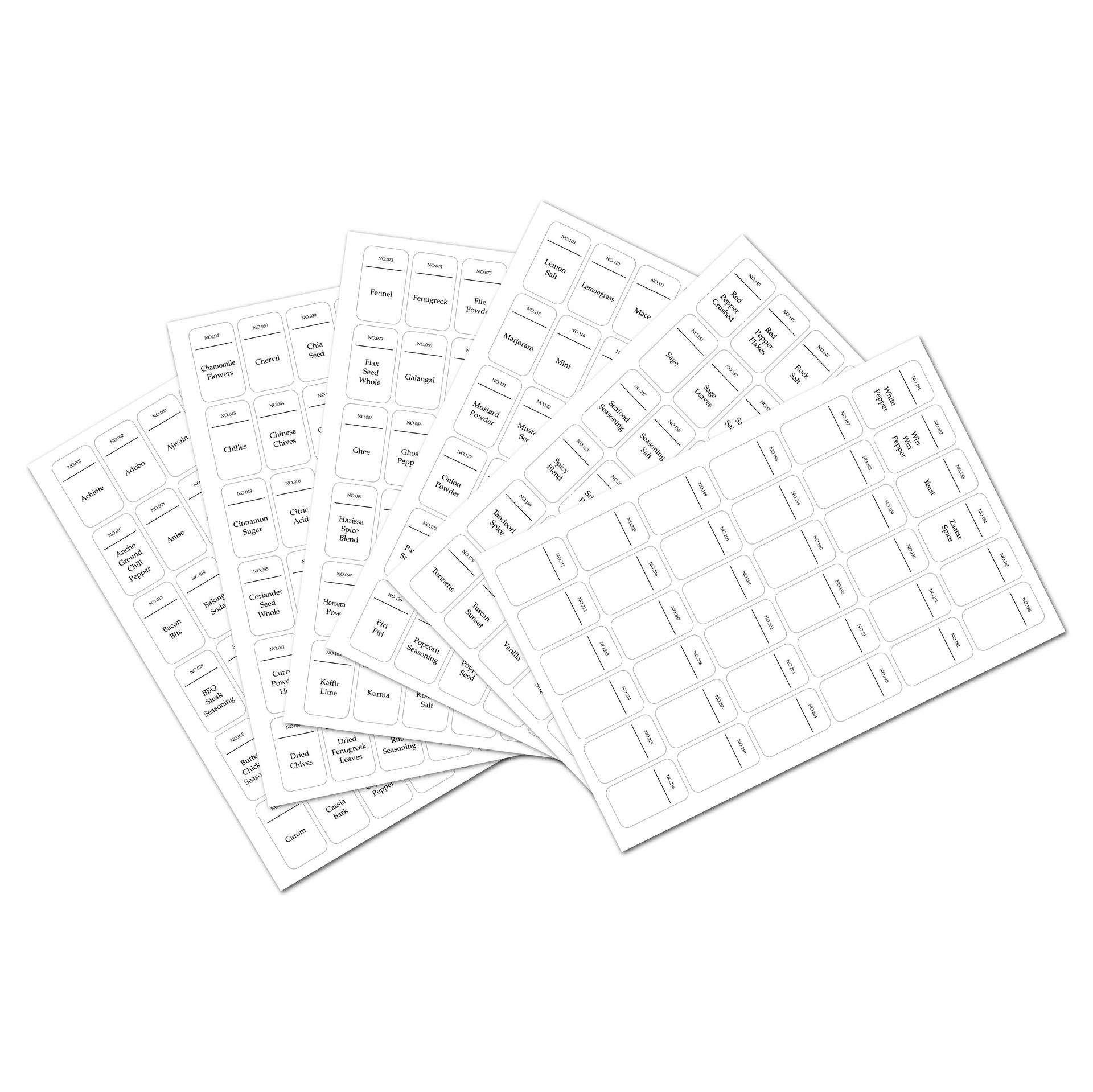 186 Preprinted & 30 Blank Spice Jar Labels - Waterproof, Oil-proof