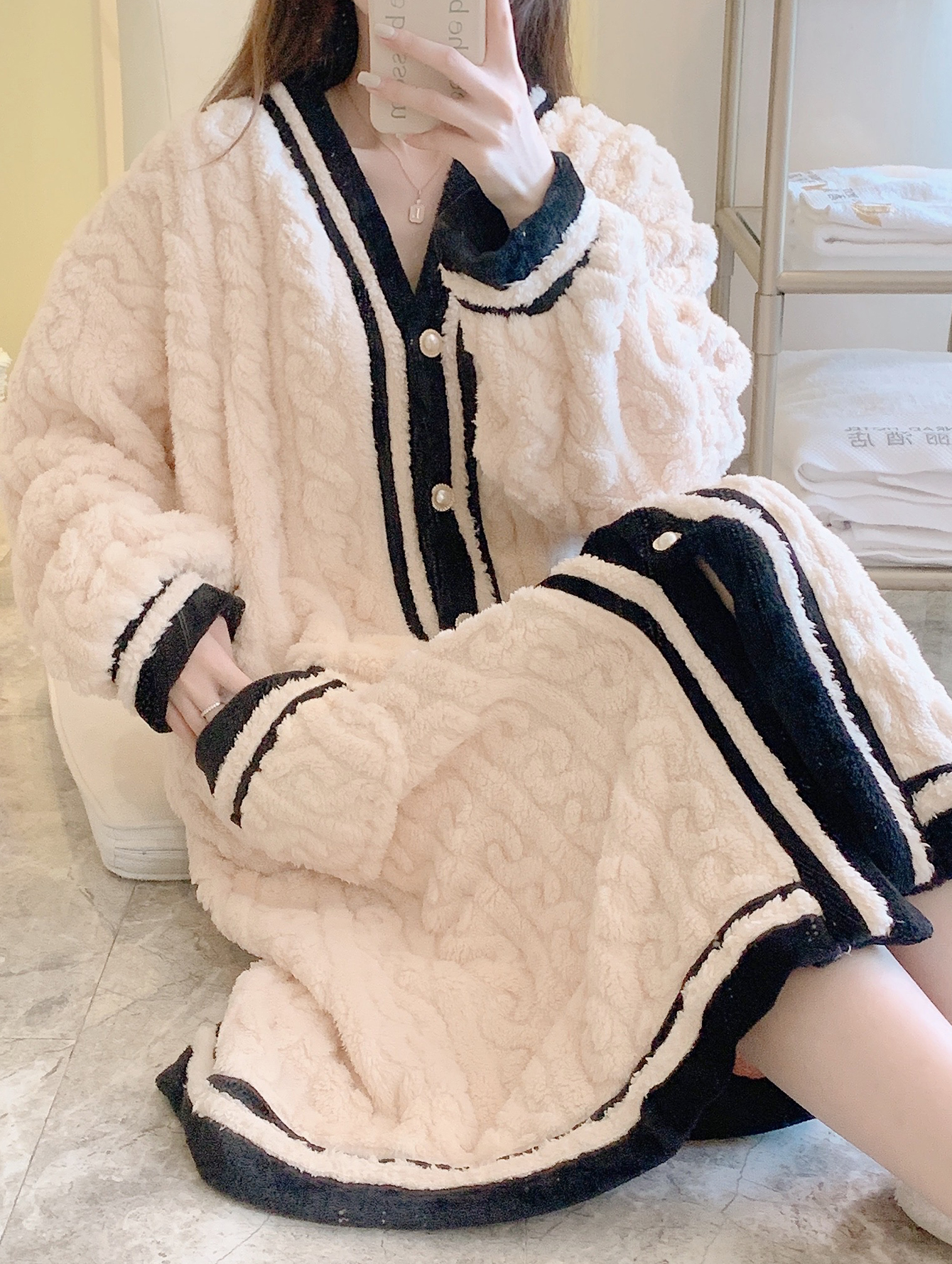 Cardigan Button Up Long Robe, Thickened & Fuzzy Solid Lounge Robe, Women's  Sleepwear