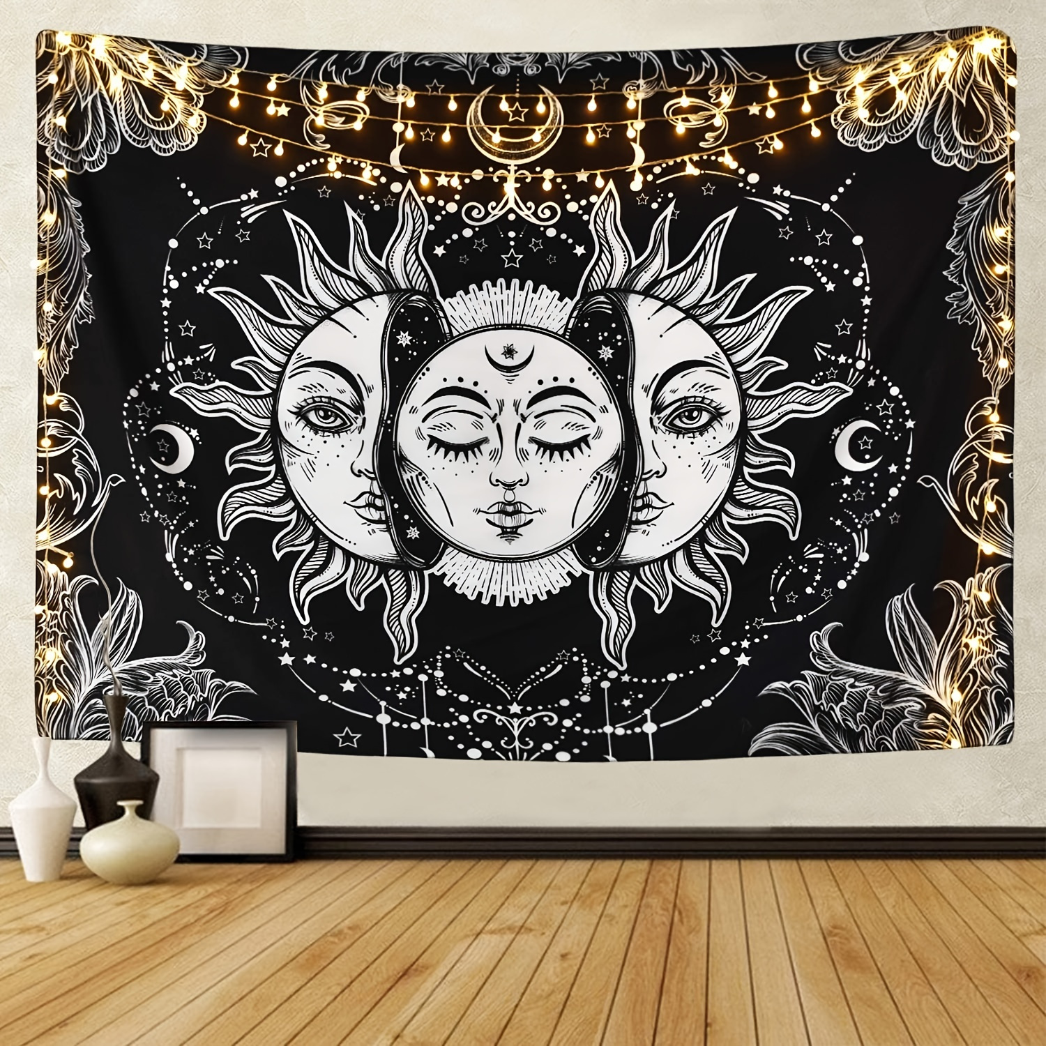

1pc Sun And Moon Tapestry Burning Sun With Star Tapestry Psychedelic Tapestry Black And White Mystic Tapestry Wall Hanging For Bedroom Decoration Polyester Eid Al-adha Mubarak