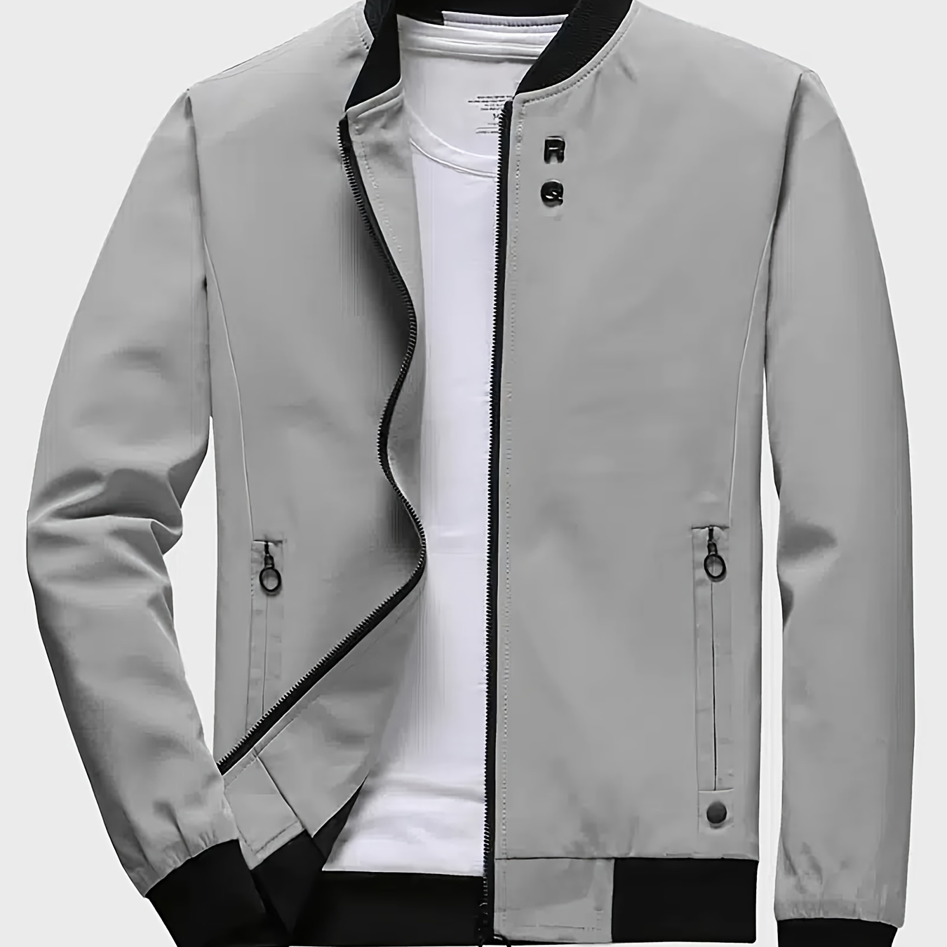 

Classic Design Jacket, Men's Casual Zipper Pockets Crew Neck Zip Up Jacket For Spring Fall