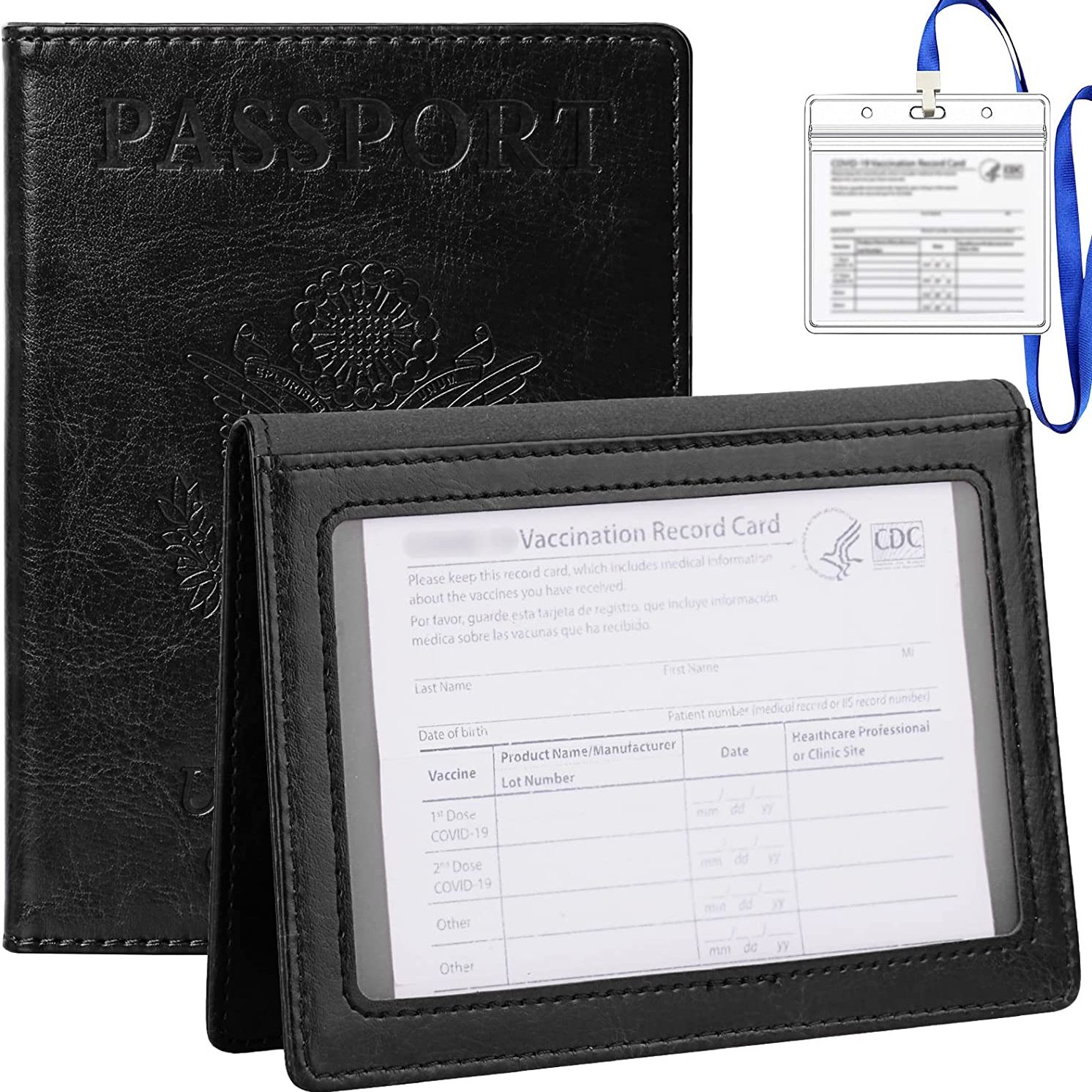 Black Passport Holder and Vaccine Card Holder for Women, Men, and Kids