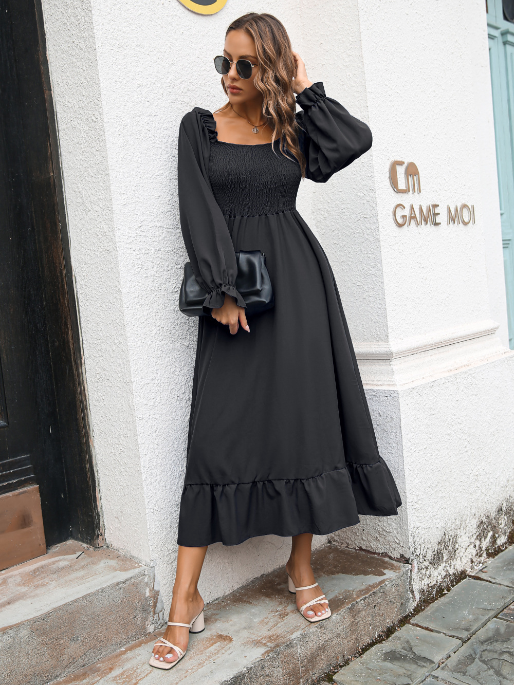 Shirred Lantern Sleeve Dress Elegant Squared Neck High Waist - Temu ...