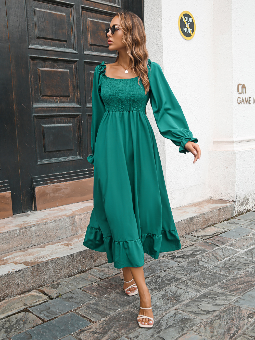 Shirred Lantern Sleeve Dress Elegant Squared Neck High Waist - Temu Norway