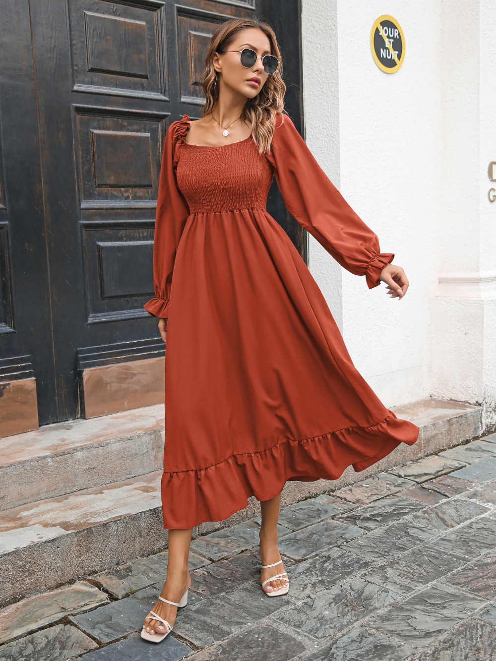 Shirred Lantern Sleeve Dress Elegant Squared Neck High Waist - Temu ...