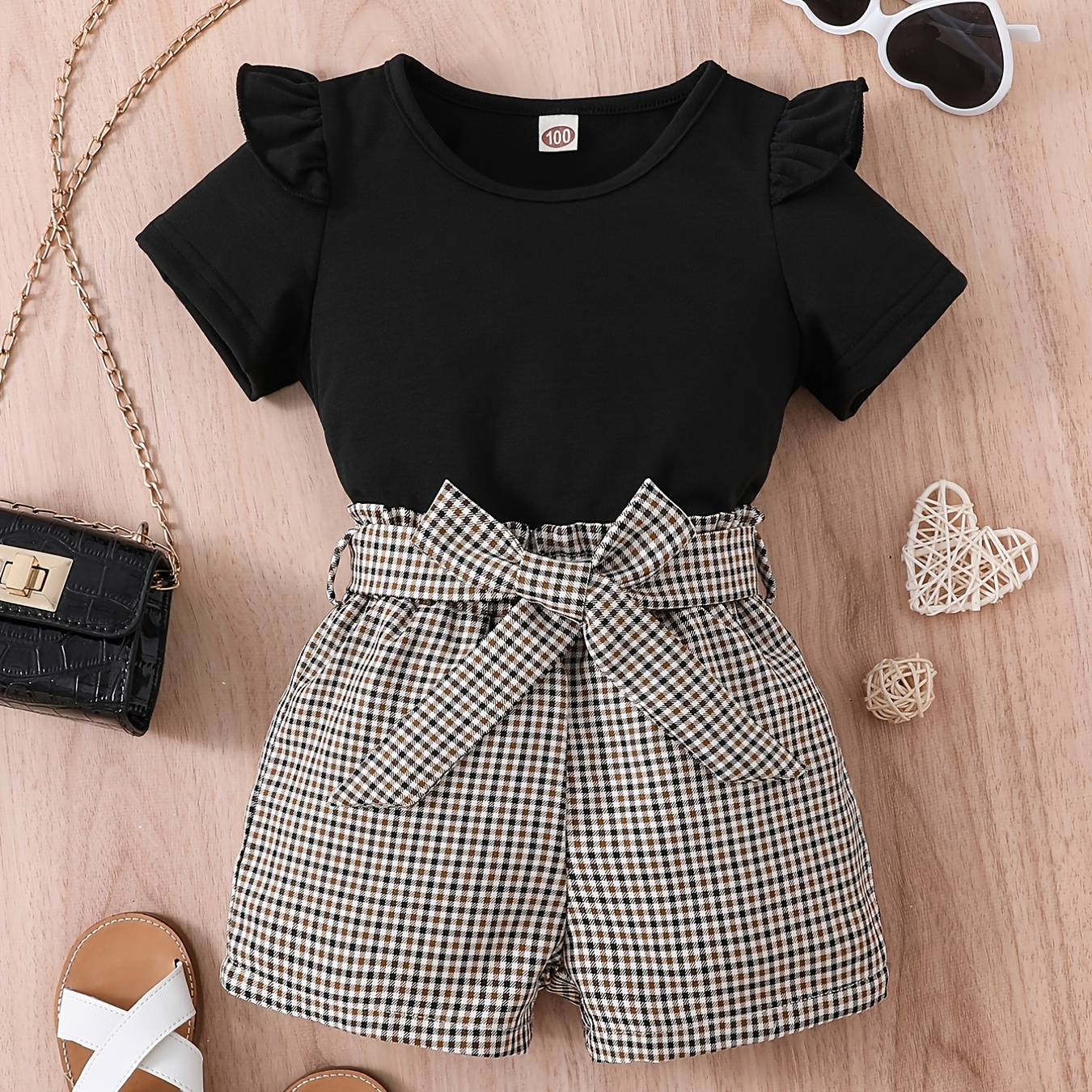 

2pcs Girls Round Neck T-shirt Ruffles Short Sleeves Tee Tops & Belted Plaid Shorts Set Summer Clothes