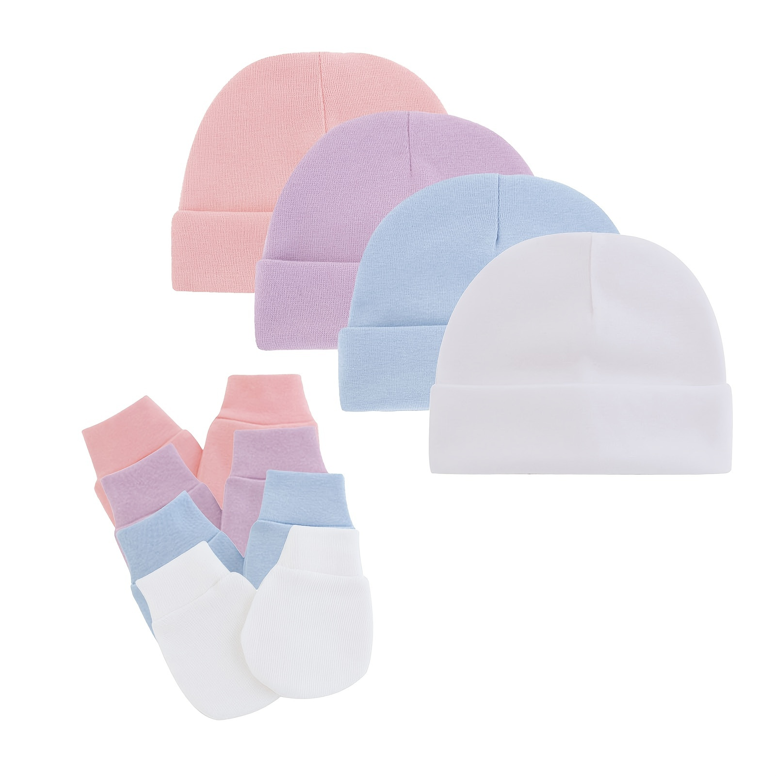

4set Newborn Infant Hospital Hat Mittens Set, Cotton Beanie Cap And Gloves For Baby Girls And Boys, Ideal Choice For Gifts