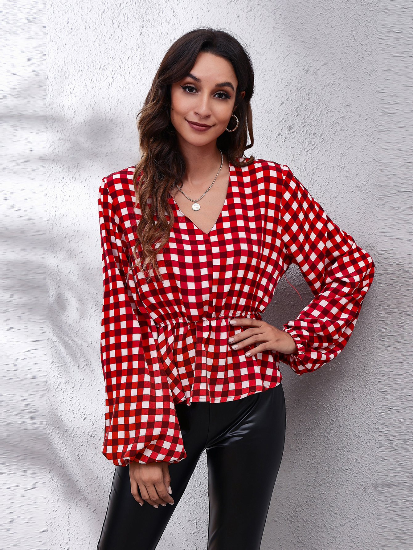 Plaid Lantern Sleeve Blouse V Neck Long Sleeve Blouse Elegant And Stylish Tops For Office And Work