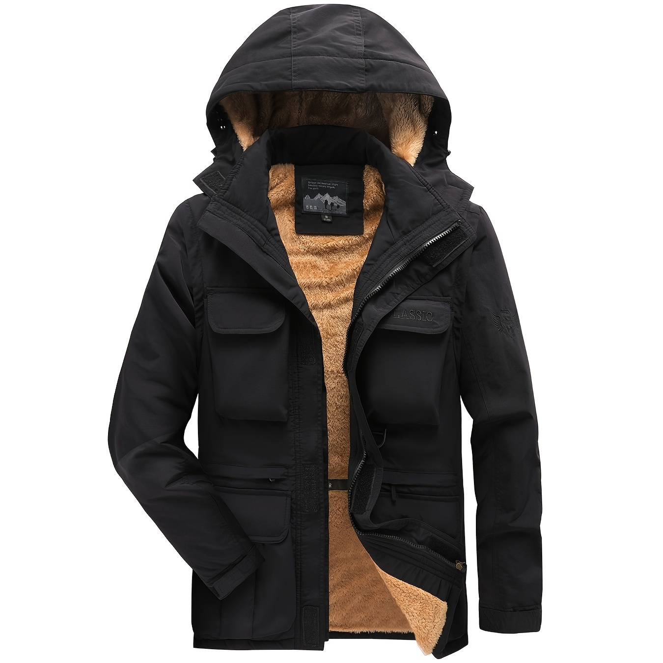 

Men's Multi-pocket Windproof Waterproof Cargo Jacket Warm Coats Fleece Lined Jackets With Removable Hood
