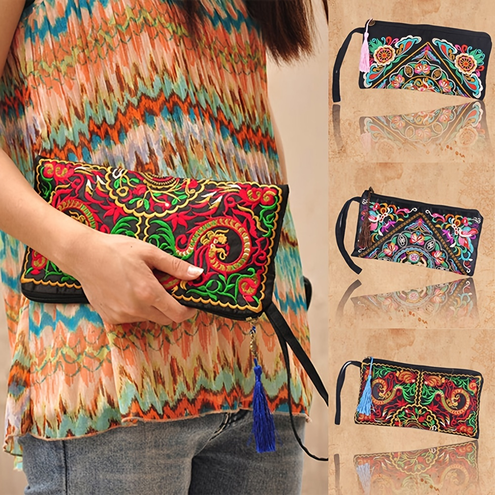 Retro Flower Embroidery Clutch Bag, Fashion Casual Ethnic Style Canvas Credit Card Storage Bag & Organizer, Women's Simple Versatile Wristlet Bag 